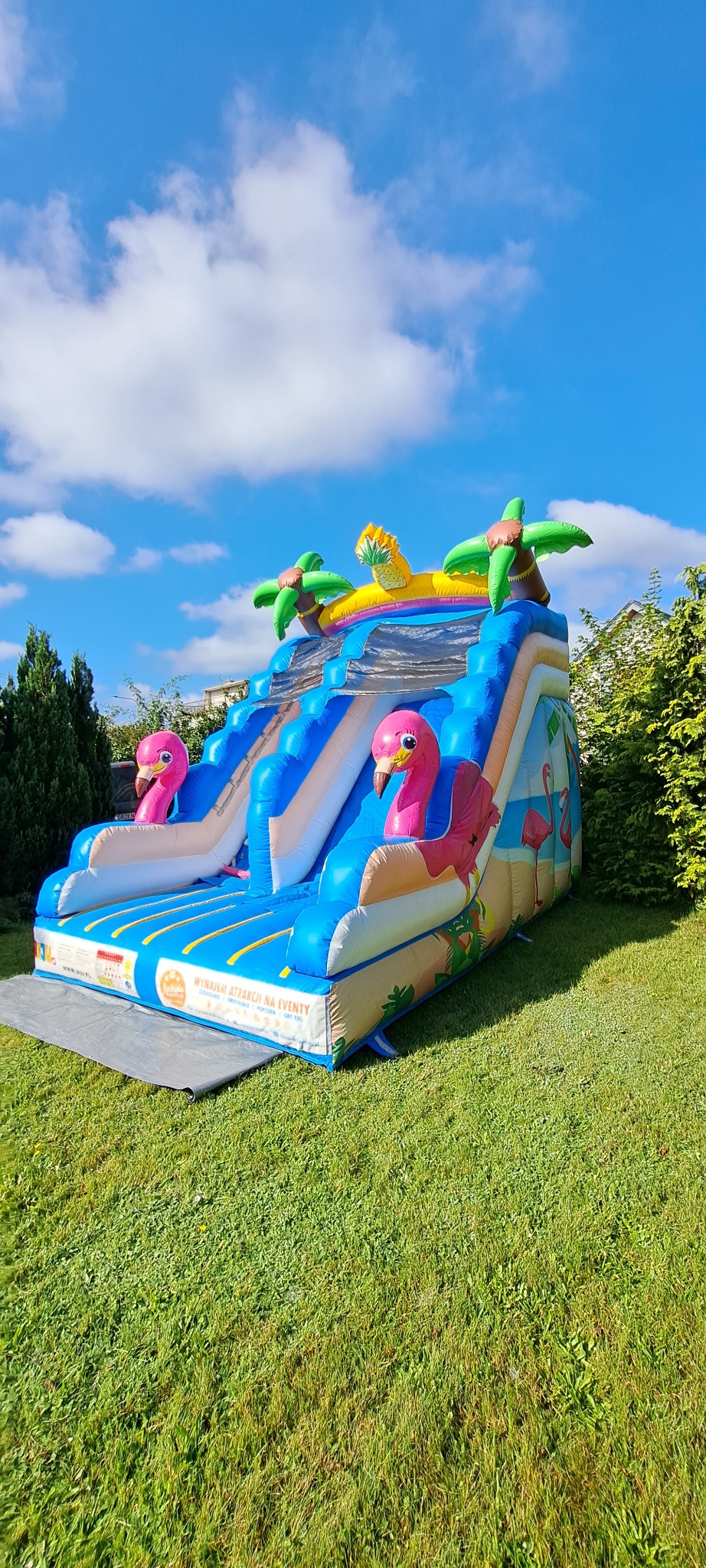 Kolorowa dmuchana zjeżdżalnia z motywem tropikalnym, palmami i flamingami na trawniku w słoneczny dzień. Atrakcja na event.