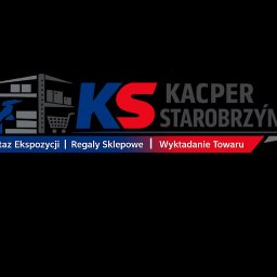 KS - Kacper Starobrzyński - Logo firmy Kacper Starobrzyński: montaż ekspozycji, regały sklepowe, wykładanie towaru. Grafika z sylwetką montera i regałem.
