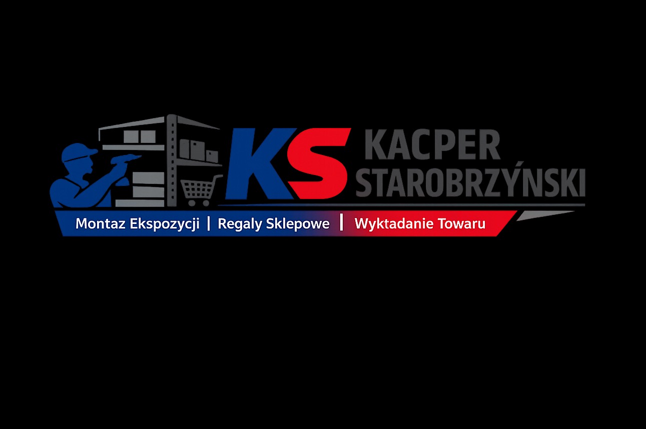 Logo firmy Kacper Starobrzyński: montaż ekspozycji, regały sklepowe, wykładanie towaru. Grafika z sylwetką montera i regałem.