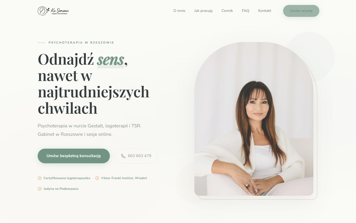 Demo strony dla gabinetu psychoterapii. Projekt, UX, formularz kontaktowy, responsywność.