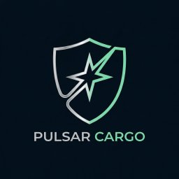Bartosz Branicki Pulsar Cargo - Logo firmy Pulsar Cargo: srebrno-zielona tarcza z gwiazdą na ciemnym tle. Nowoczesny design, symbolizujący bezpieczeństwo i szybkość w transporcie.