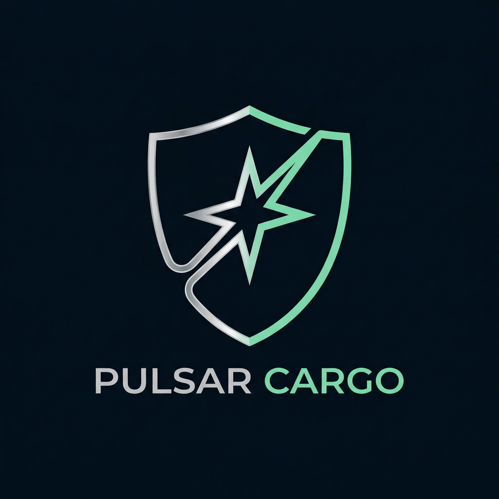 Logo firmy Pulsar Cargo: srebrno-zielona tarcza z gwiazdą na ciemnym tle. Nowoczesny design, symbolizujący bezpieczeństwo i szybkość w transporcie.