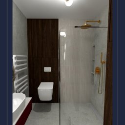 VIX_projekt - Wizualizacja łazienki z kabiną prysznicową typu walk-in, umywalką na bordowej szafce i toaletą podwieszaną. Ciemne drewno, szarość betonu i złote akcenty.