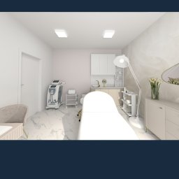 VIX_projekt - Wnętrze gabinetu kosmetycznego z białym łóżkiem zabiegowym, sprzętem kosmetycznym i marmurową podłogą. Stonowana kolorystyka, nowoczesny design.