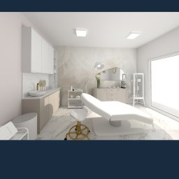 VIX_projekt - Wizualizacja jasnego gabinetu kosmetycznego z białym fotelem, złotym stołkiem i marmurową podłogą. Beżowe szafki i dekoracyjna ściana dodają elegancji.