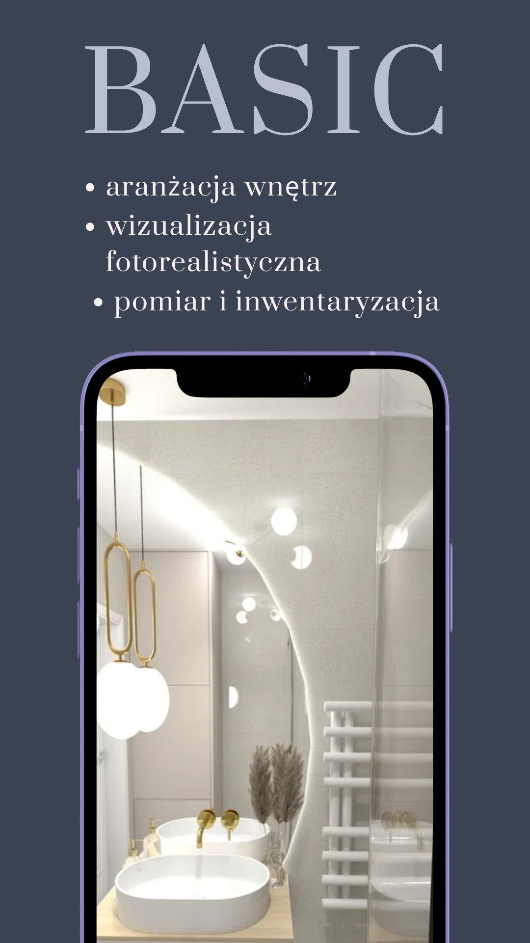 Fotorealistyczna wizualizacja łazienki w telefonie. Dwie białe umywalki na drewnianym blacie, złote baterie, lustro z podświetleniem LED. Minimalistyczny design.