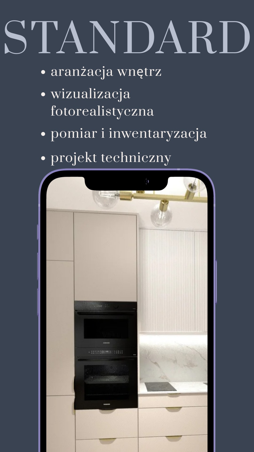 Wnętrze kuchni w telefonie: beżowe szafki, czarny piekarnik i płyta, marmurowy backsplash. U góry tekst 'STANDARD' i lista usług.