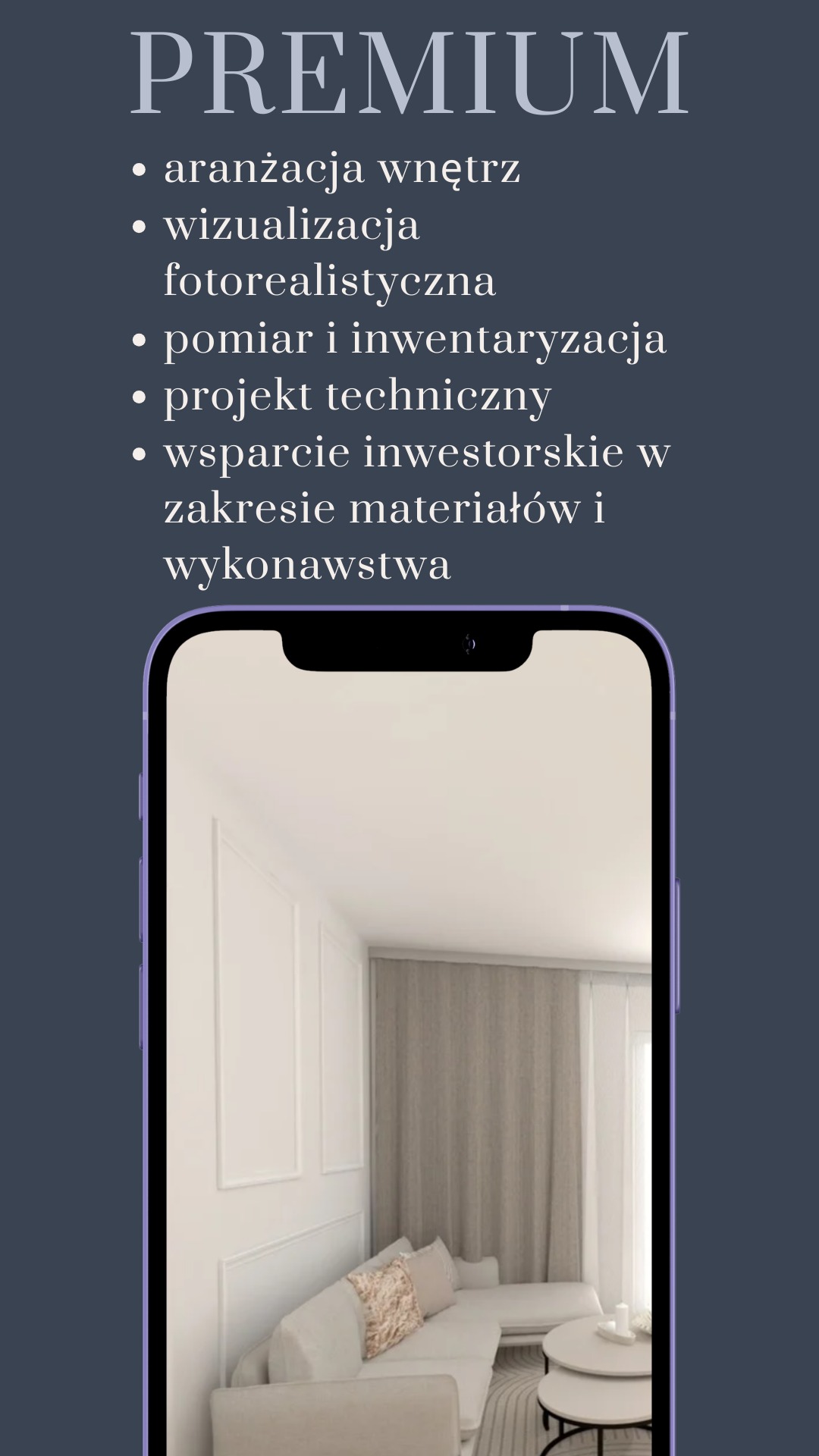 Wnętrze salonu w telefonie: białe ściany z dekoracyjnymi panelami, jasna sofa narożna, okrągłe stoliki kawowe. Minimalistyczny design, neutralna kolorystyka.