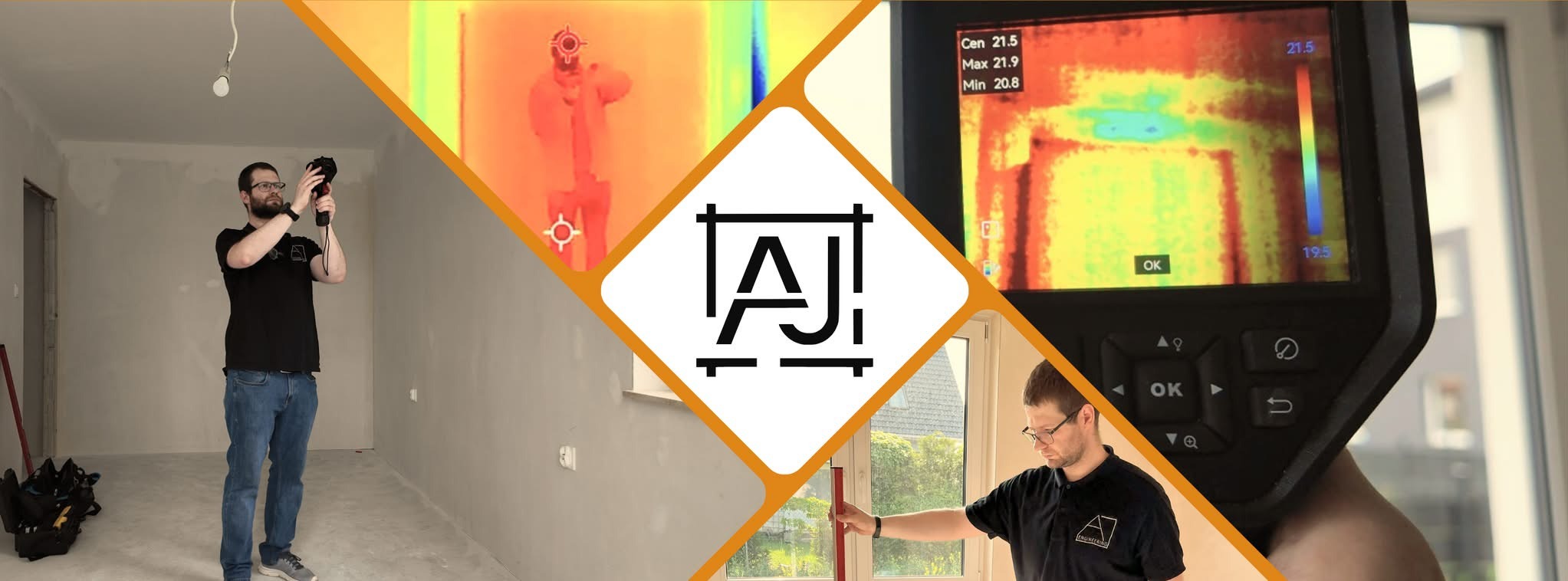 Termowizja mieszkania w trakcie remontu. Inżynier z kamerą termowizyjną bada ściany. Widoczny ekran urządzenia z rozkładem temperatur. Logo firmy w centrum kadru.