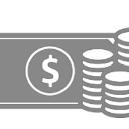 Phinance - Stylizowana grafika: szary banknot z symbolem dolara i stosy monet. Ilustracja finansowa na białym tle, minimalistyczny design.