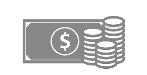 Stylizowana grafika: szary banknot z symbolem dolara i stosy monet. Ilustracja finansowa na białym tle, minimalistyczny design.