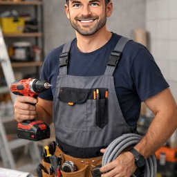 Zlotaraczka Rze - Uśmiechnięty mężczyzna w szarym kombinezonie trzyma wiertarkę i zwój kabla. Na stole widoczne plany, a w tle regał z narzędziami. Fachowiec gotowy do pracy.