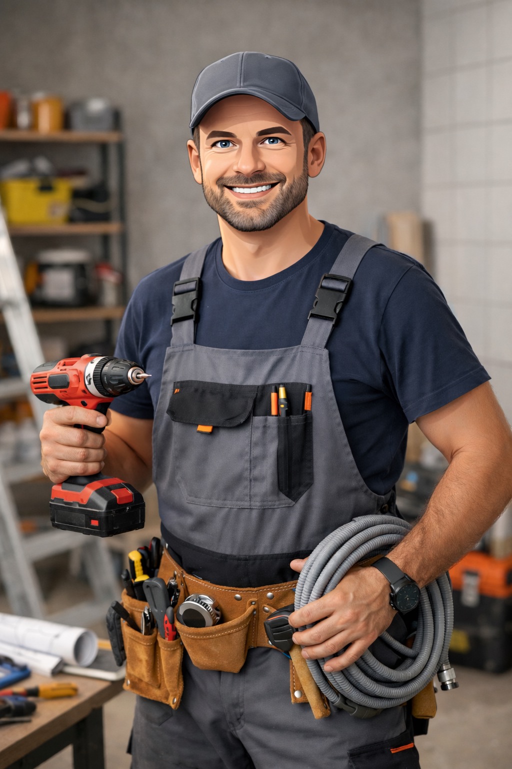 Uśmiechnięty mężczyzna w szarym kombinezonie trzyma wiertarkę i zwój kabla. Na stole widoczne plany, a w tle regał z narzędziami. Fachowiec gotowy do pracy.