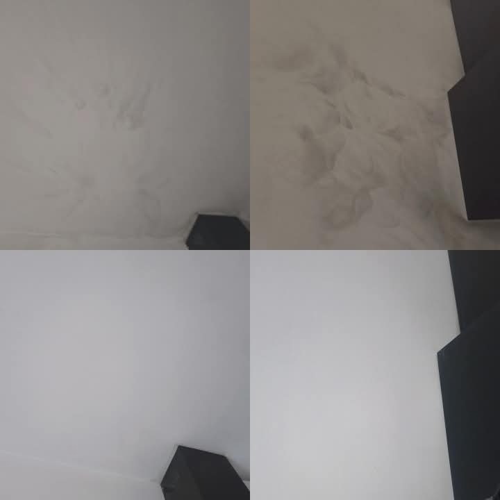 Sufit i ściana po czyszczeniu po wybuchu oleju, prezentujące różnicę między obszarem wyczyszczonym a zabrudzonym. Widoczne plamy i odświeżona powierzchnia.