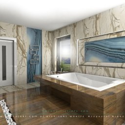 Kristobal Design - Nowoczesna łazienka z marmurowymi ścianami, drewnianą zabudową wanny i dekoracyjnym panelem ściennym z motywem agatowym. Minimalistyczny design, jasne wnętrze.