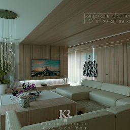 Kristobal Design - Wizualizacja salonu w apartamencie: drewniane panele ścienne, narożna sofa, designerski żyrandol, okno z widokiem na zieleń. Nowoczesny minimalizm.