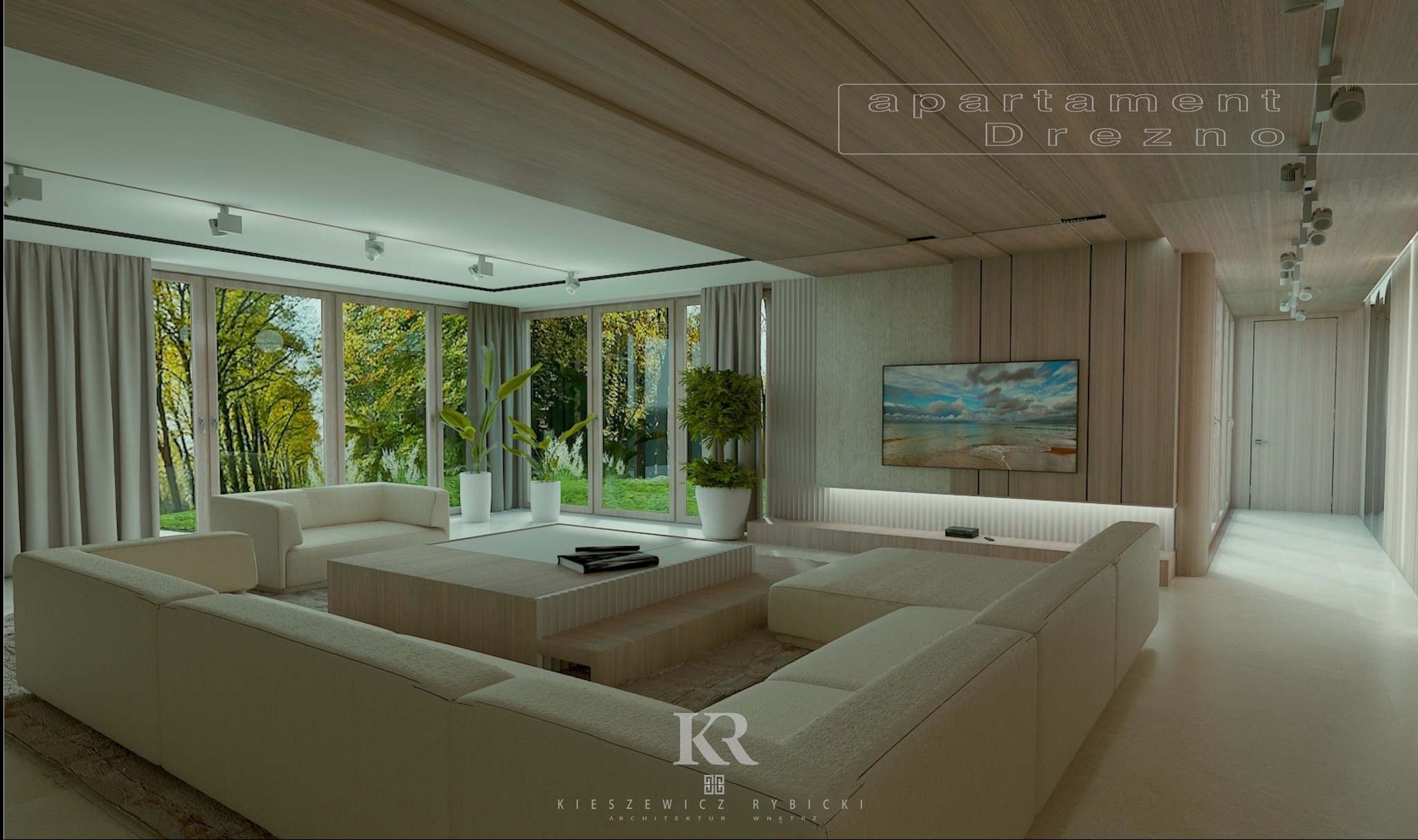 Wizualizacja salonu w apartamencie Dreźnie: beżowa sofa modułowa, drewniany sufit, duże okna z widokiem na zieleń, minimalistyczny design, oświetlenie punktowe.