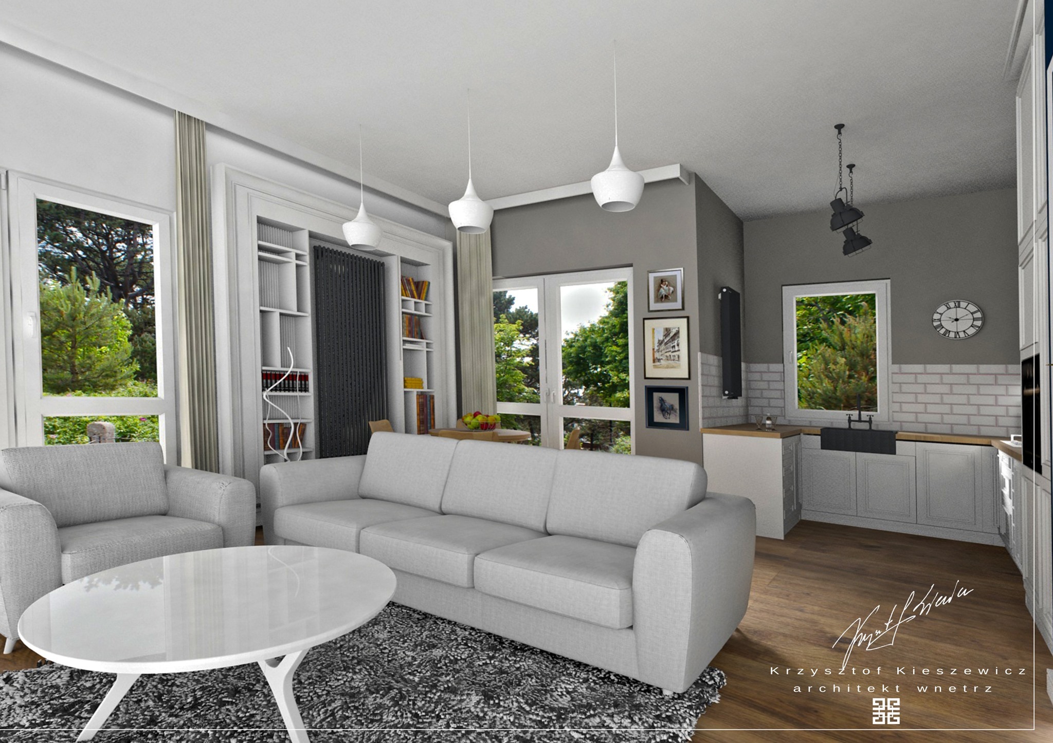 Jasne wnętrze z sofą, fotelem i okrągłym stolikiem. Widoczna kuchnia w tle. Minimalistyczne lampy wiszące. Projekt wnętrza z elementami stylu skandynawskiego.