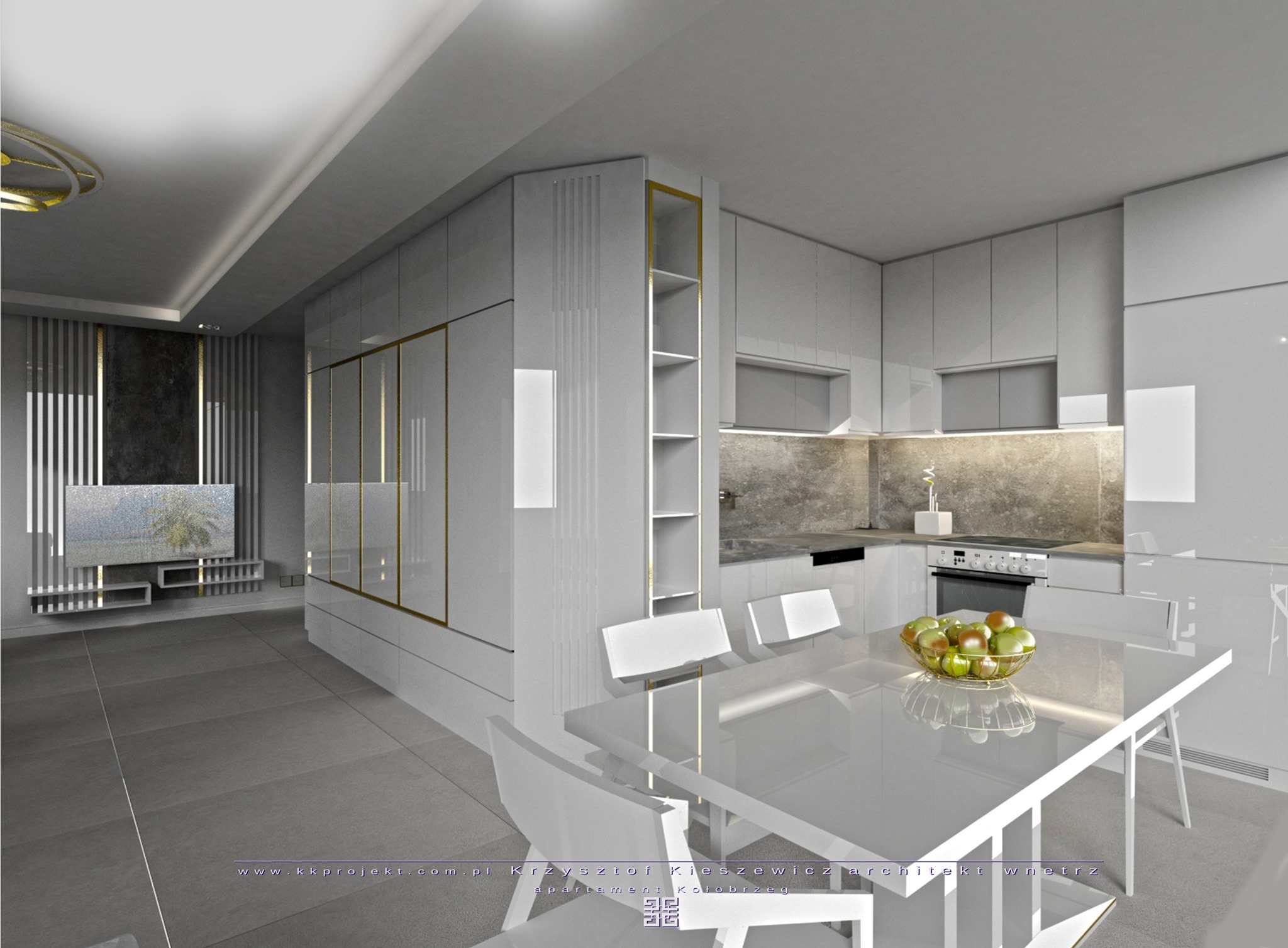 Wizualizacja nowoczesnej kuchni z białymi, lakierowanymi frontami, złotymi akcentami i stołem z owocami. Minimalistyczny design z telewizorem w tle.