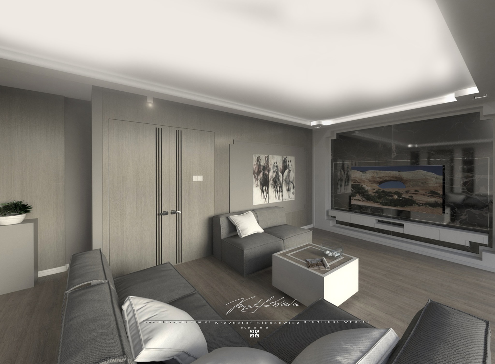 Elegancki salon w odcieniach szarości z nowoczesnym telewizorem i minimalistycznymi meblami. Na ścianie obraz z motywem koni. Całość dopełnia subtelne oświetlenie.