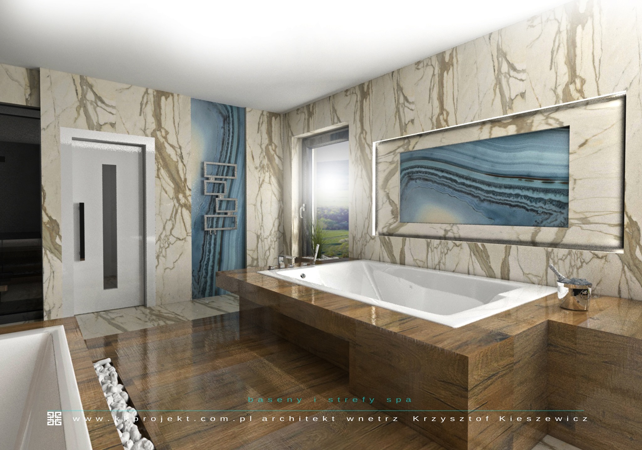 Nowoczesna łazienka z marmurowymi ścianami, drewnianą zabudową wanny i dekoracyjnym panelem ściennym z motywem agatowym. Minimalistyczny design, jasne wnętrze.