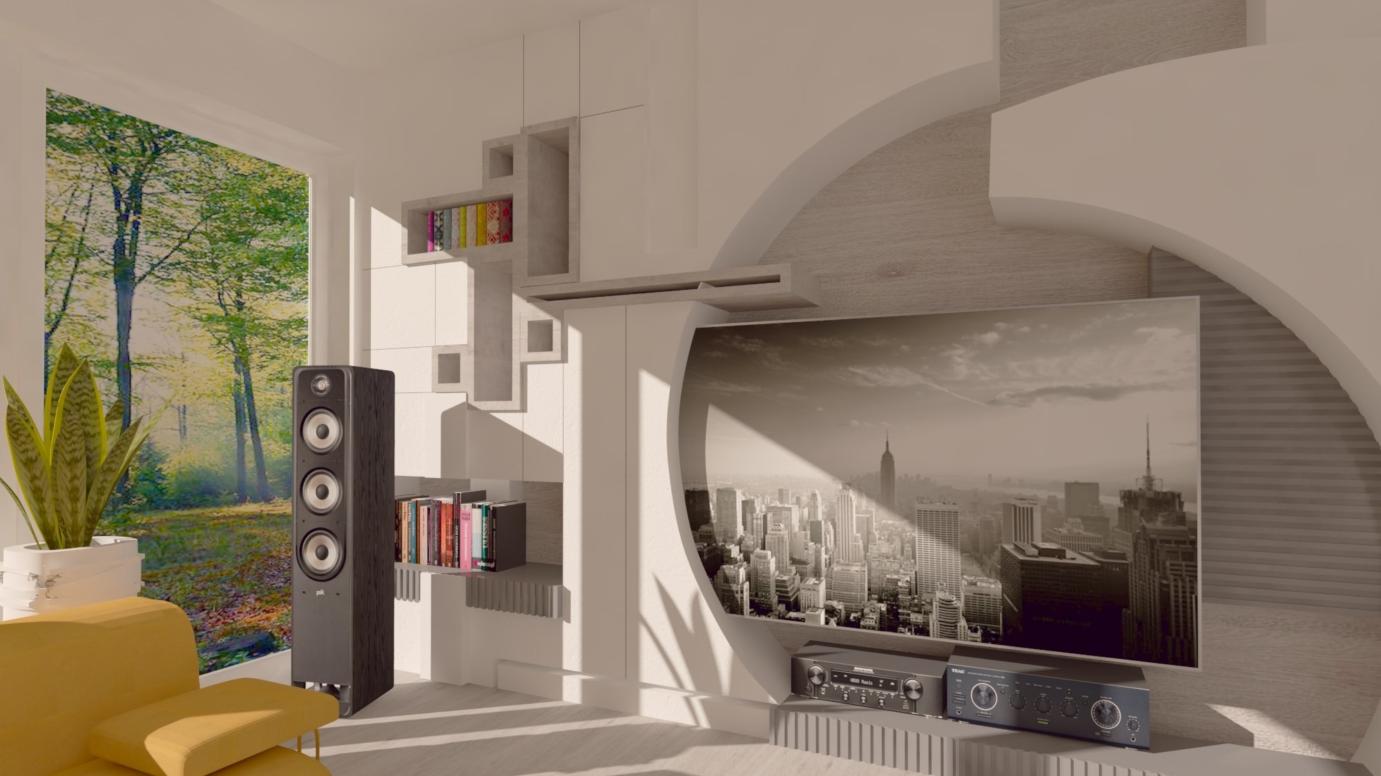 Nowoczesny salon z oknem na las, żółtym fotelem, głośnikiem i półkami na książki. Na ścianie telewizor z widokiem na miasto. Całość w jasnej tonacji.