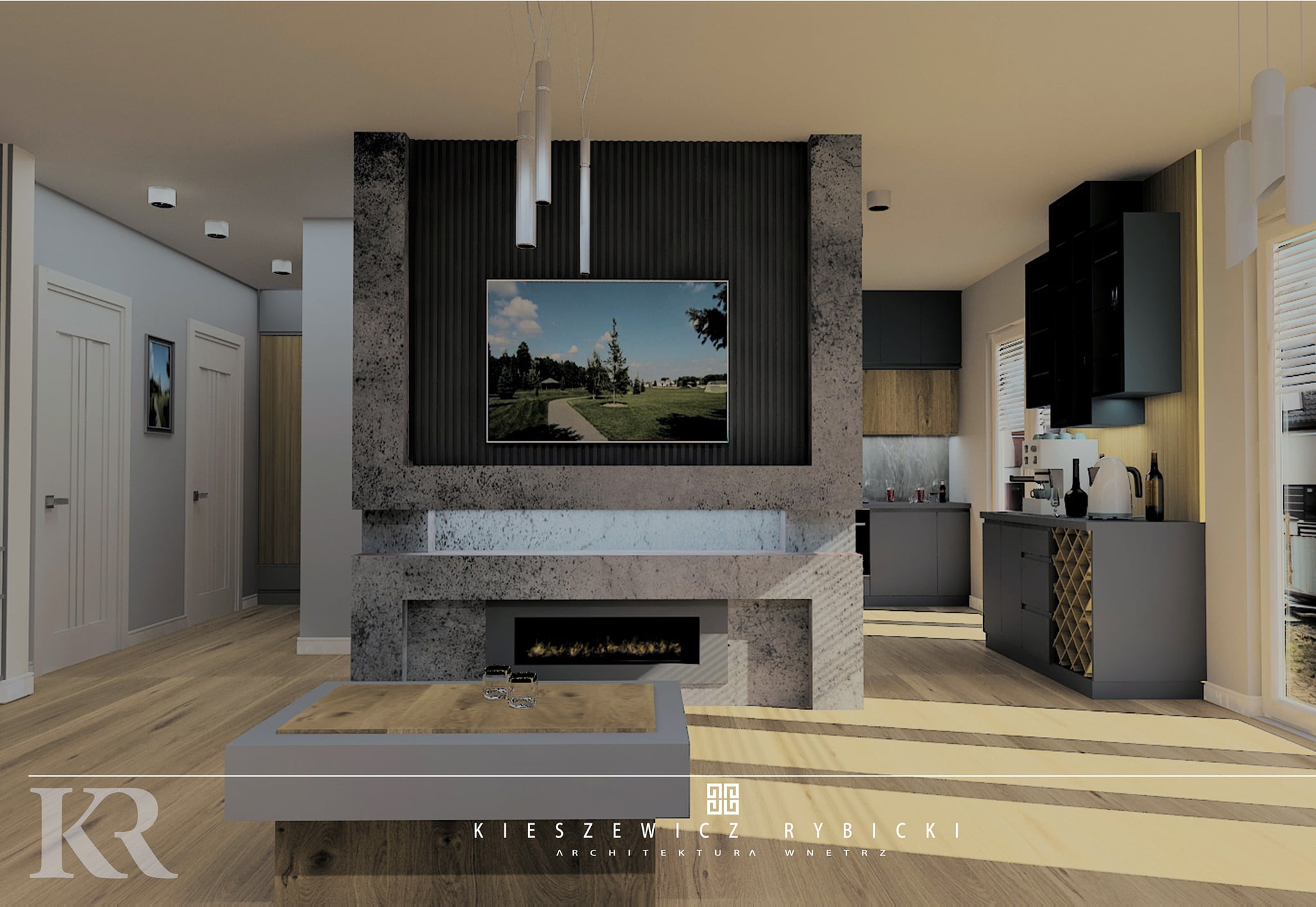 Wnętrze salonu z kominkiem i telewizorem, utrzymane w szarościach i beżach. Widoczna część kuchni w tle. Nowoczesny design z elementami betonu i drewna.