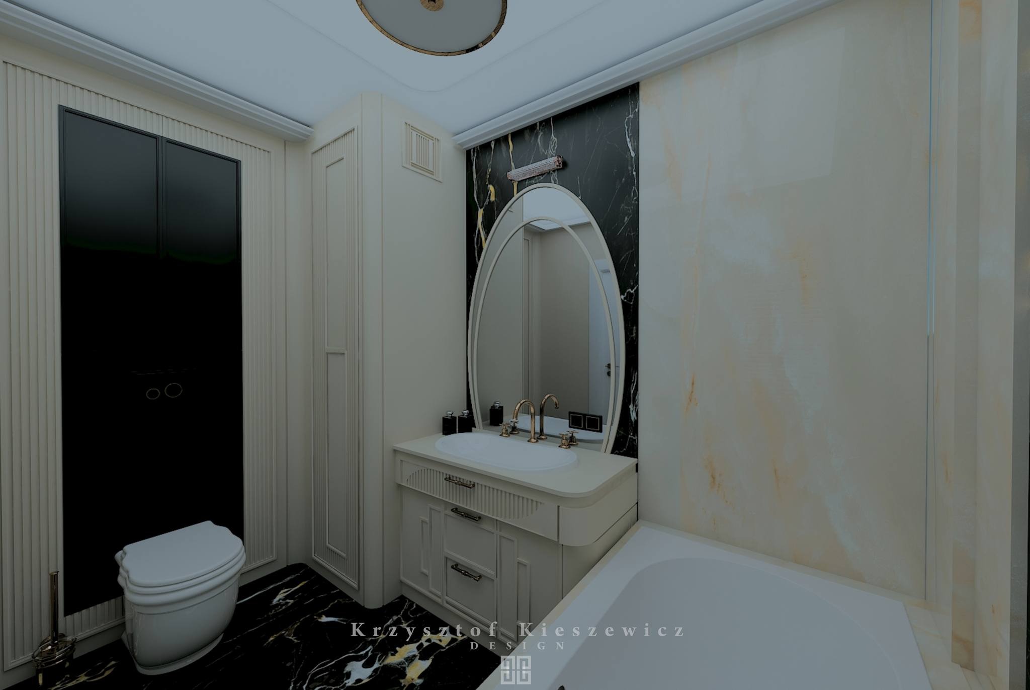 Elegancka łazienka z czarno-białymi marmurowymi płytkami, owalnym lustrem i kremowymi meblami. Widoczna toaleta i wanna. Projekt z sygnaturą projektanta.