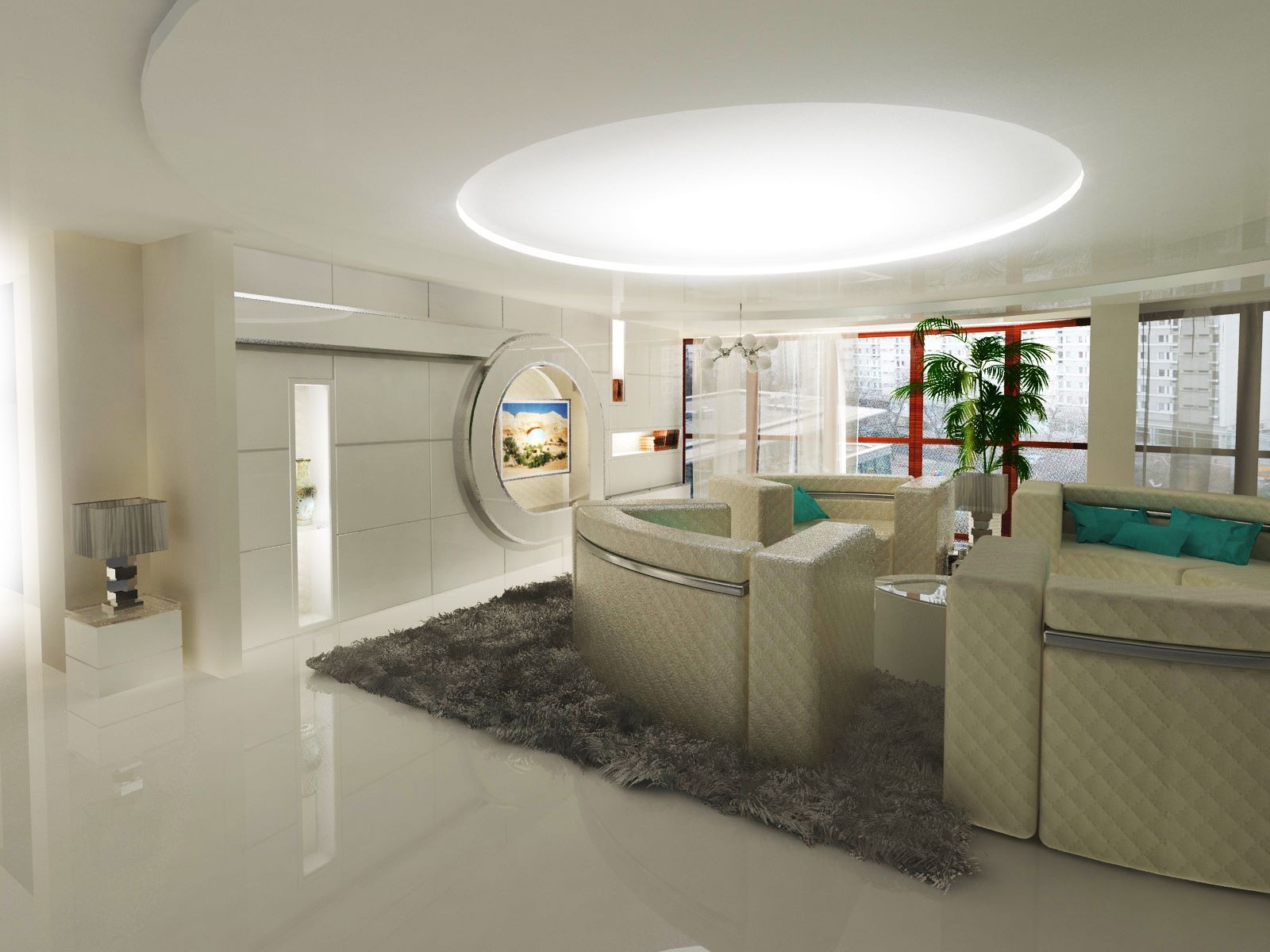 Nowoczesny salon w bieli z szarym dywanem. Okrągłe okno z widokiem na krajobraz. Minimalistyczne meble i oświetlenie punktowe. Roślina doniczkowa dodaje koloru.