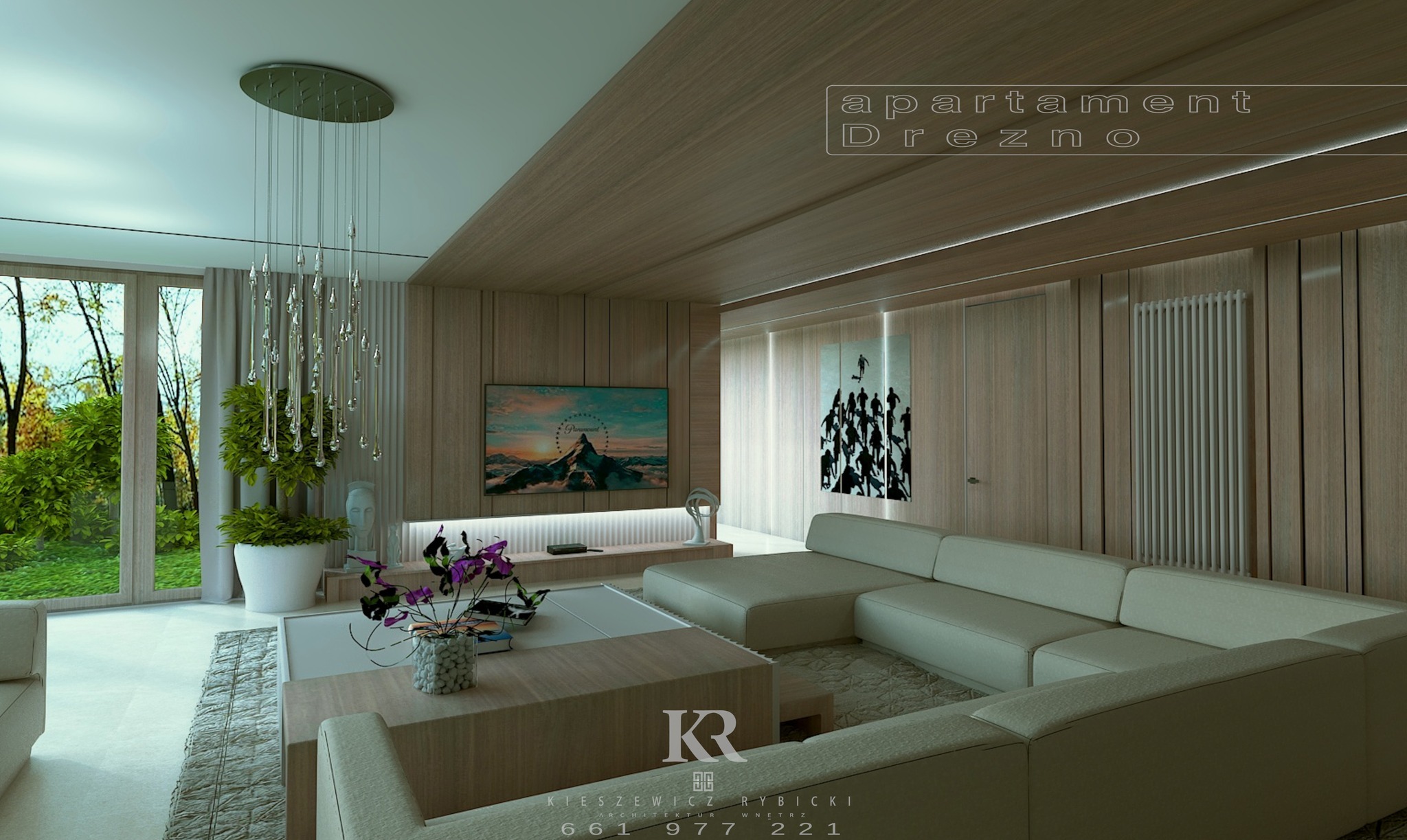 Wizualizacja salonu w apartamencie: drewniane panele ścienne, narożna sofa, designerski żyrandol, okno z widokiem na zieleń. Nowoczesny minimalizm.