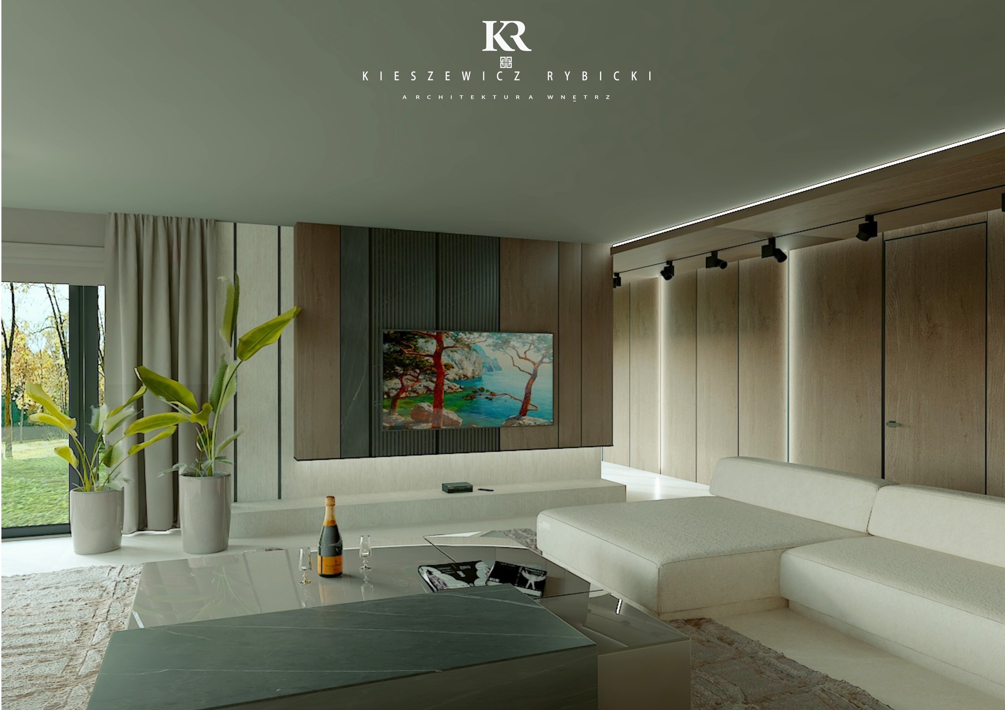 Elegancki salon z beżową sofą, stolikiem kawowym z marmurowym blatem i roślinami w donicach. Na ścianie telewizor i panele dekoracyjne. Całość w stonowanej kolorystyce.