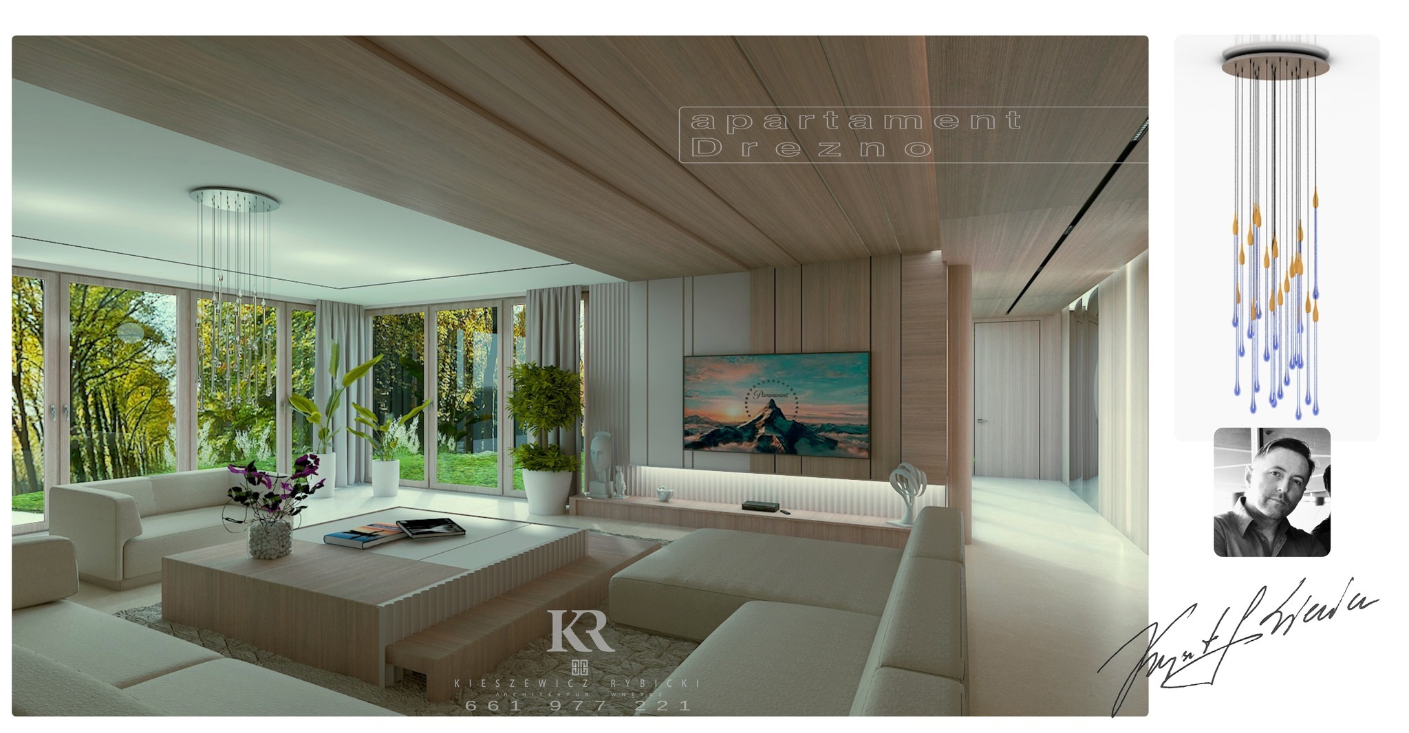 Wizualizacja salonu w apartamencie w Dreźnie. Jasne, drewniane wykończenie, duże okna z widokiem na zieleń, nowoczesny design, minimalistyczny wystrój, designerska lampa.