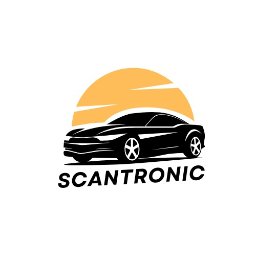 Scantronic - Czarny sylwetkowy wizerunek sportowego auta na tle pomarańczowego słońca, z nazwą 'SCANTRONIC' poniżej. Grafika w stylu logo firmy motoryzacyjnej.