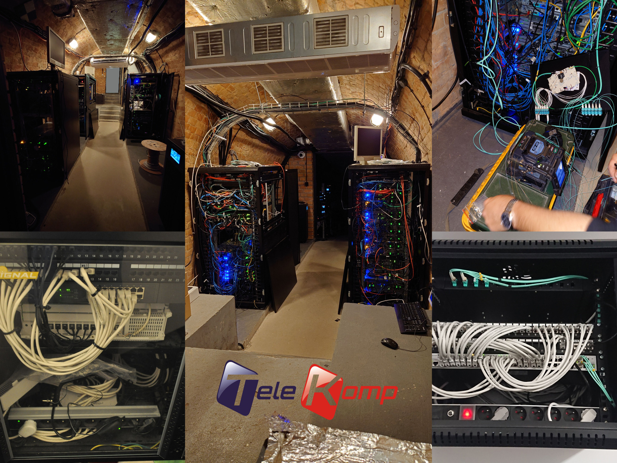 Kompleksowa infrastruktura sieciowa w serwerowni: okablowanie kat. 7, światłowody, CCTV, kontrola dostępu. Widoczne szafy rack, kable, przełączniki i urządzenia sieciowe.