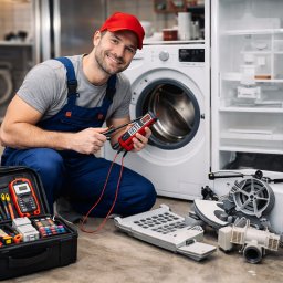 SERWIS AGD - Rafał Sulma - Uśmiechnięty serwisant w czerwonej czapce, z multimetrem, klęczy obok otwartej skrzynki narzędziowej i rozłożonych części AGD, na tle pralki i lodówki.