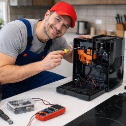 SERWIS AGD - Rafał Sulma - Uśmiechnięty serwisant w czerwonej czapce naprawia ekspres do kawy w kuchni, używając śrubokręta. Widoczne narzędzia i elementy ekspresu.