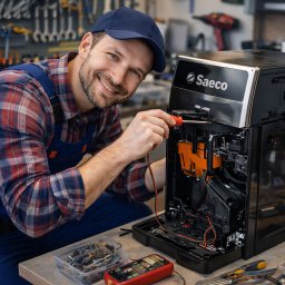 SERWIS AGD - Rafał Sulma - Uśmiechnięty serwisant w kombinezonie naprawia ekspres Saeco, używając śrubokręta. W tle warsztat z narzędziami, na stole części zamienne i miernik.