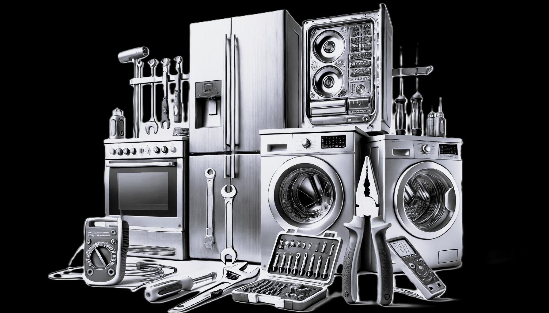 Zestaw srebrnych urządzeń AGD i narzędzi: pralka, lodówka, piekarnik, zmywarka, multimetr, klucze i kombinerki na czarnym tle. Sprzęt gotowy do naprawy.