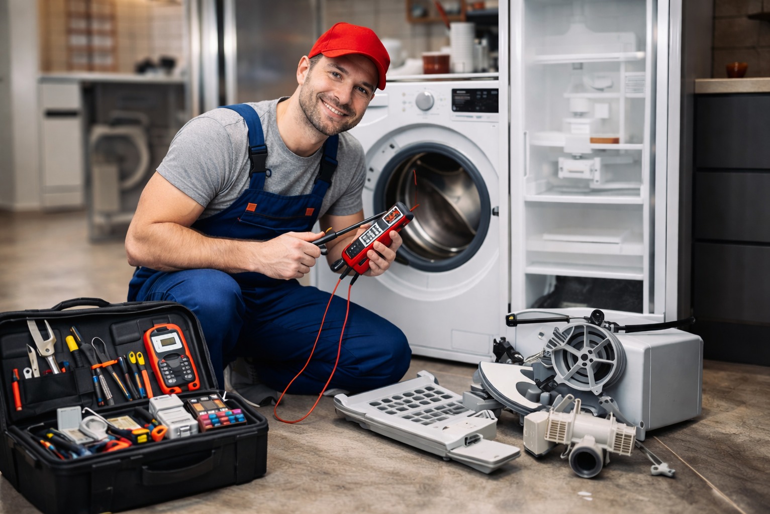 Uśmiechnięty serwisant w czerwonej czapce, z multimetrem, klęczy obok otwartej skrzynki narzędziowej i rozłożonych części AGD, na tle pralki i lodówki.