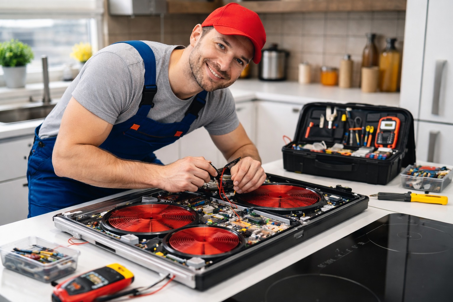 Uśmiechnięty serwisant w czerwonej czapce naprawia płytę indukcyjną z czerwonymi grzałkami. Widoczna skrzynka z narzędziami i miernik.