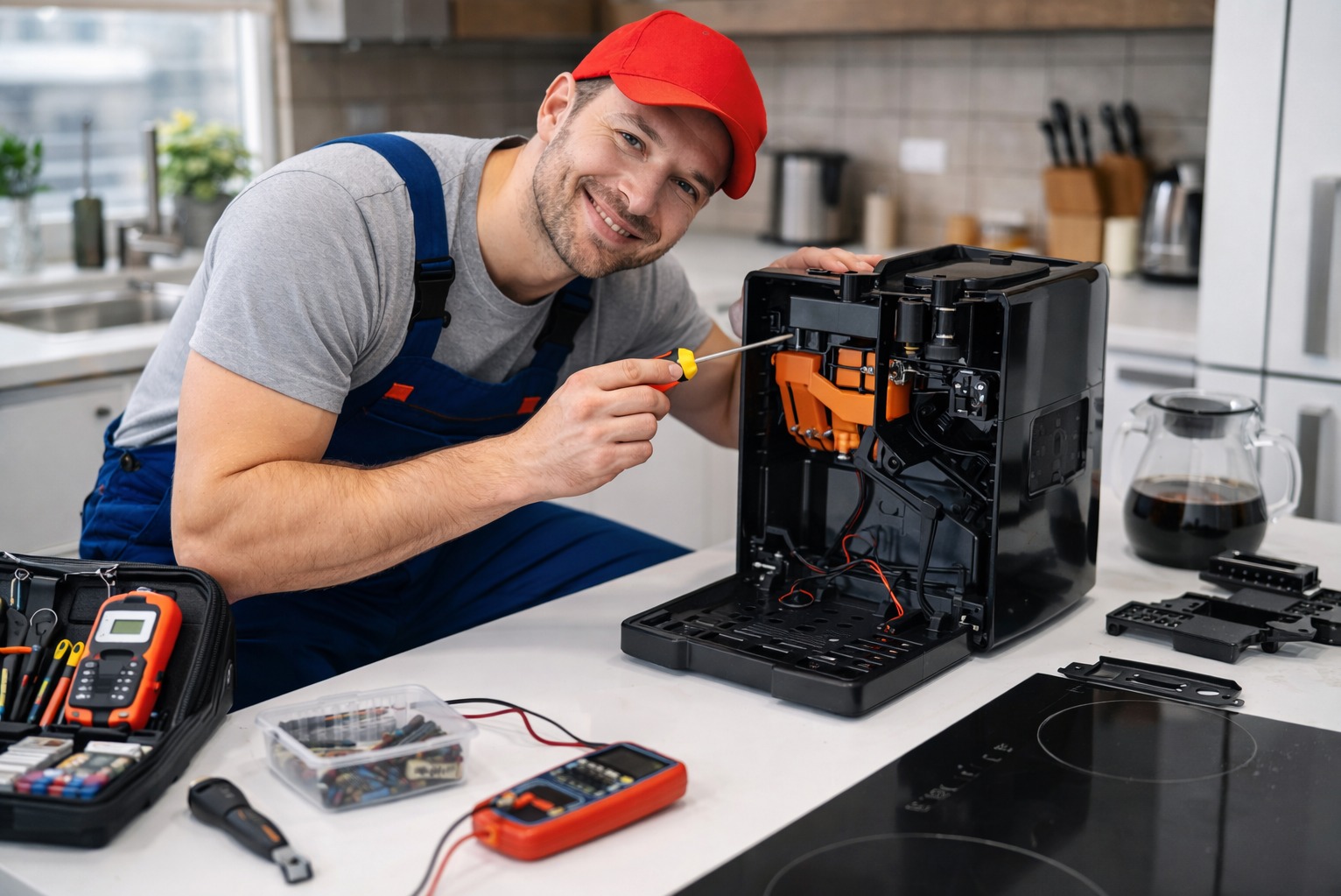 Uśmiechnięty serwisant w czerwonej czapce naprawia ekspres do kawy w kuchni, używając śrubokręta. Widoczne narzędzia i elementy ekspresu.