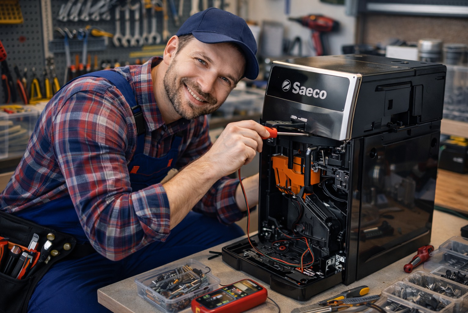 Uśmiechnięty serwisant w kombinezonie naprawia ekspres Saeco, używając śrubokręta. W tle warsztat z narzędziami, na stole części zamienne i miernik.