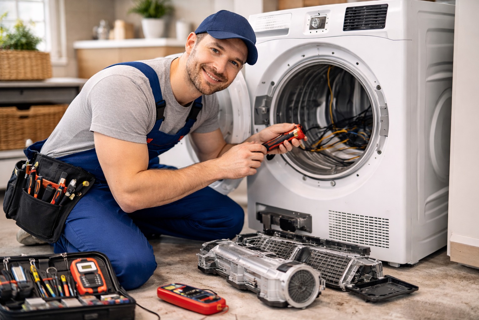 Uśmiechnięty serwisant w niebieskim kombinezonie naprawia suszarkę do ubrań, trzymając miernik. Obok rozłożone części i skrzynka z narzędziami.