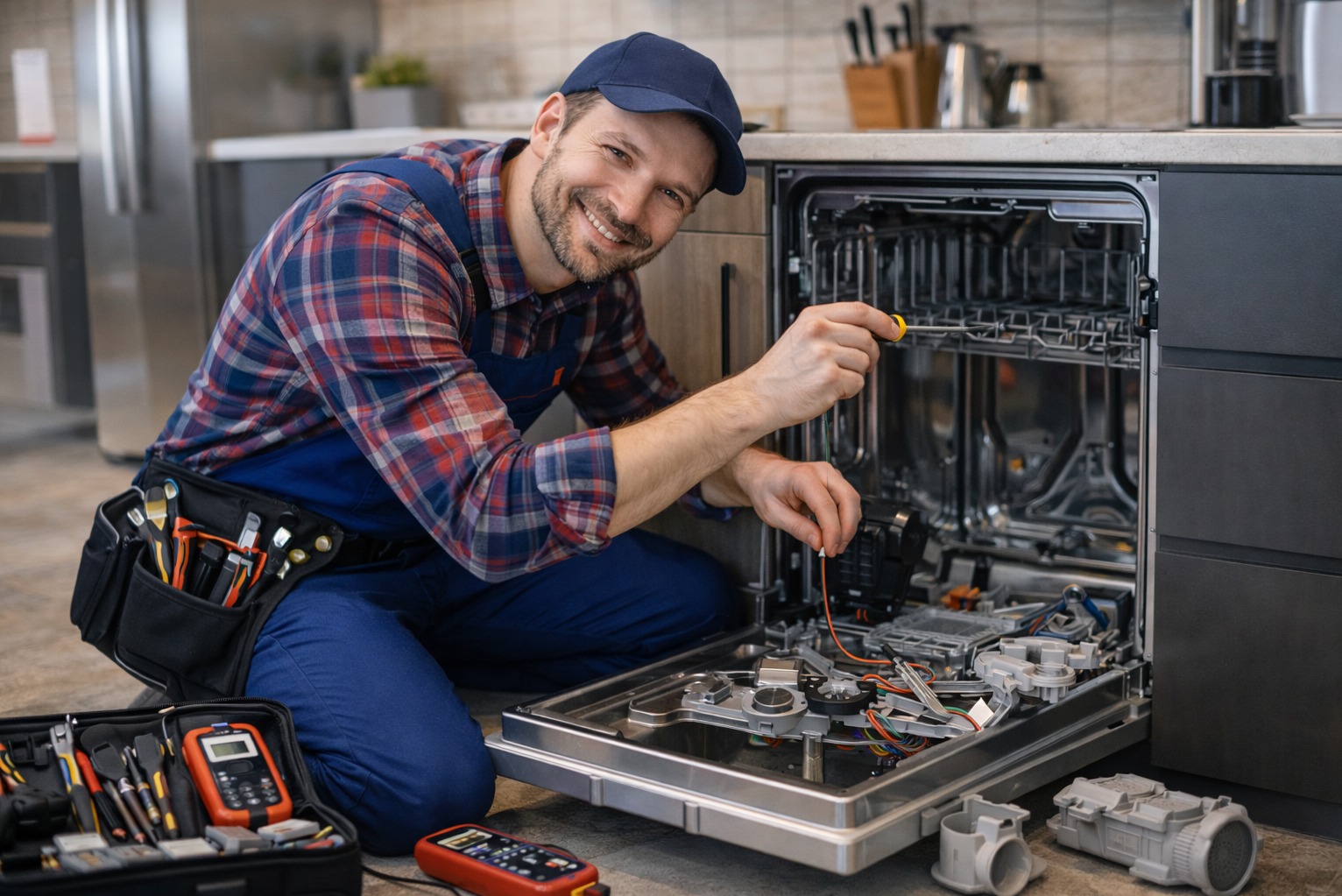 Uśmiechnięty serwisant w kombinezonie i czapce naprawia zmywarkę, używając śrubokręta. Obok skrzynka z narzędziami i miernik. W tle nowoczesna kuchnia.