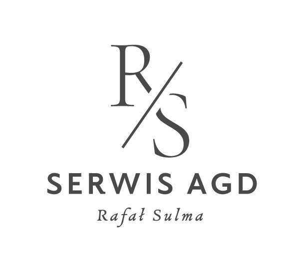 Minimalistyczne logo firmy 'Serwis AGD Rafał Sulma' w odcieniach szarości, z charakterystycznym ukośnikiem dzielącym litery R i S. Elegancki font, czyste tło.