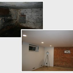 Joanna Kałuska - Porównanie piwnicy przed i po: surowe, ceglane ściany kontra odnowione wnętrze z białymi ścianami, oświetleniem punktowym i ceglaną ścianą akcentującą.