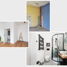 Joanna Kałuska - Kolaż: łazienka przed remontem z żółtą ścianą i po remoncie z kabiną prysznicową, umywalką na metalowej podstawie i białymi ścianami. Widok na odnowione wnętrze.
