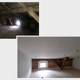 Joanna Kałuska - Zdjęcie 'przed i po' adaptacji poddasza: ciemne, drewniane poddasze przed remontem i jasne, odnowione wnętrze z odsłoniętą cegłą i drewnianymi elementami konstrukcyjnymi.