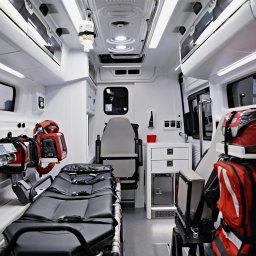 KG Special Performance - Wnętrze ambulansu z noszami, torbami medycznymi i sprzętem. Widok z tyłu pojazdu, oświetlenie sufitowe, białe ściany i wyposażenie.