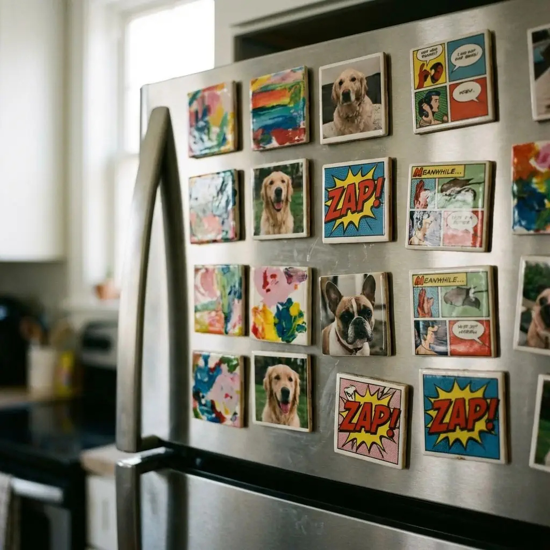 Lodówka ozdobiona kolekcją kwadratowych magnesów z różnorodnymi grafikami: abstrakcje, portrety psów i komiksowe motywy w stylu pop-art.
